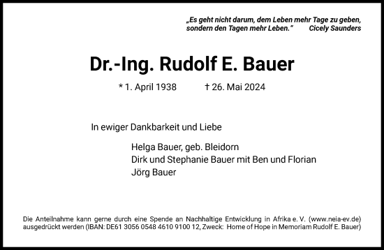 Traueranzeige von Rudolf E. Bauer von FNP