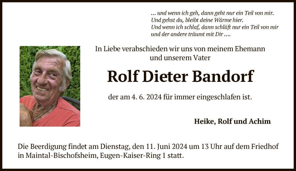  Traueranzeige für Dieter Bandorf vom 08.06.2024 aus FNP