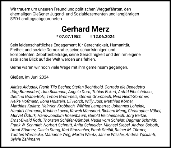 Traueranzeige von Gerhard Merz von FNP