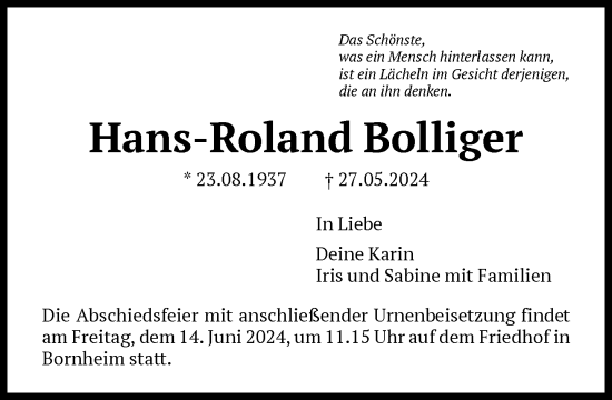 Traueranzeige von Hans-Roland Bollinger von FNP