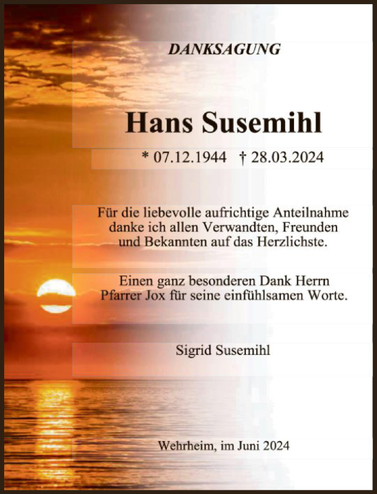 Traueranzeige von Hans Susemihl von FNP