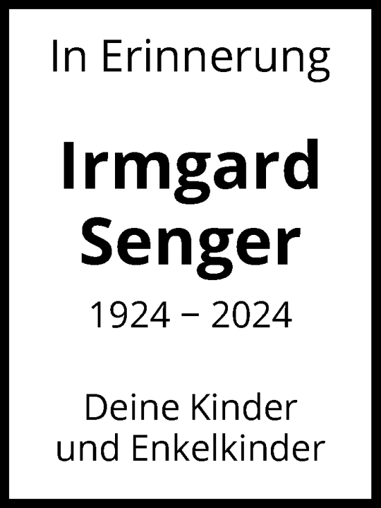 Traueranzeige von Irmgard Senger von FNP