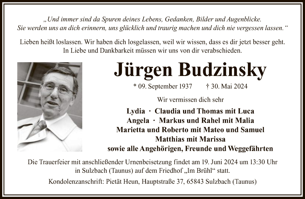  Traueranzeige für Jürgen Budzinsky vom 08.06.2024 aus FNP