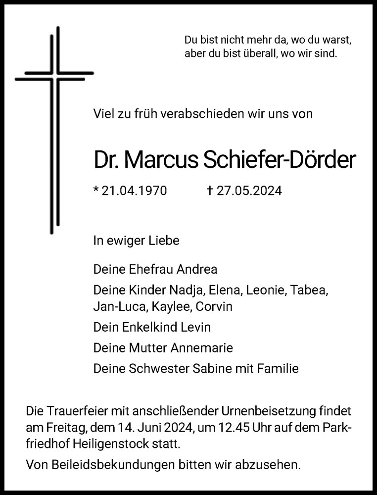  Traueranzeige für Marcus Schiefer-Dörder vom 05.06.2024 aus FNP