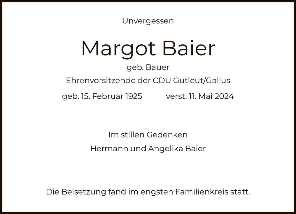  Traueranzeige für Margot Baier vom 05.06.2024 aus FNP