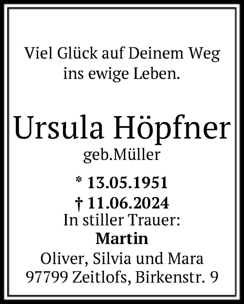  Traueranzeige für Ursula Höpfner vom 15.06.2024 aus FNP