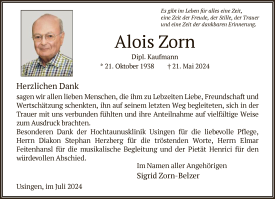 Traueranzeige von Alois Zorn von FNP