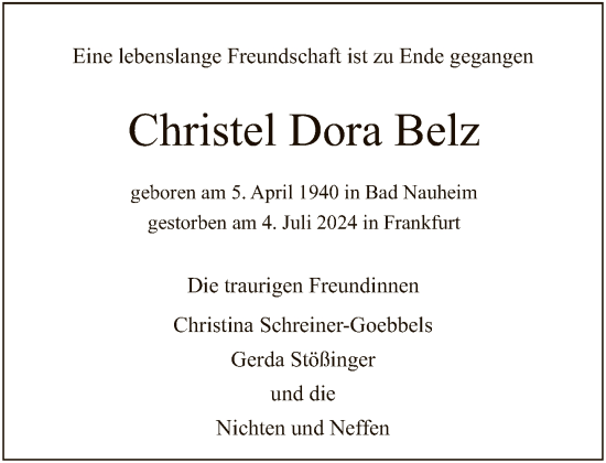 Traueranzeige von Christel Dora Belz von FNP