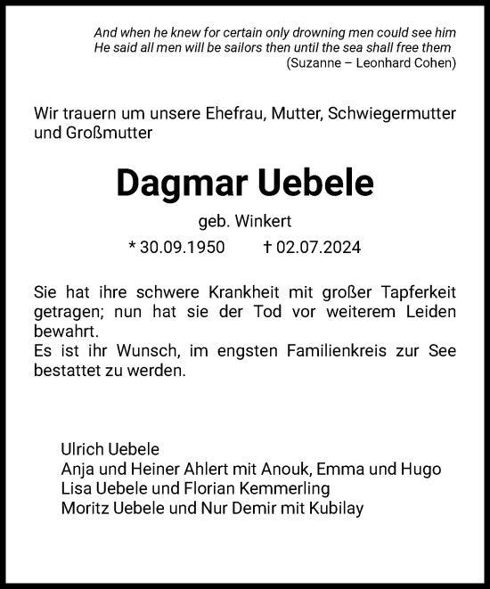 Traueranzeige von Dagmar Uebele von FNP