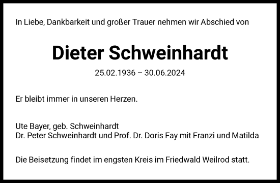 Traueranzeige von Dieter Schweinhardt von FNP