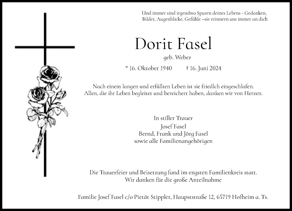  Traueranzeige für Dorit Fasel vom 05.07.2024 aus FNP