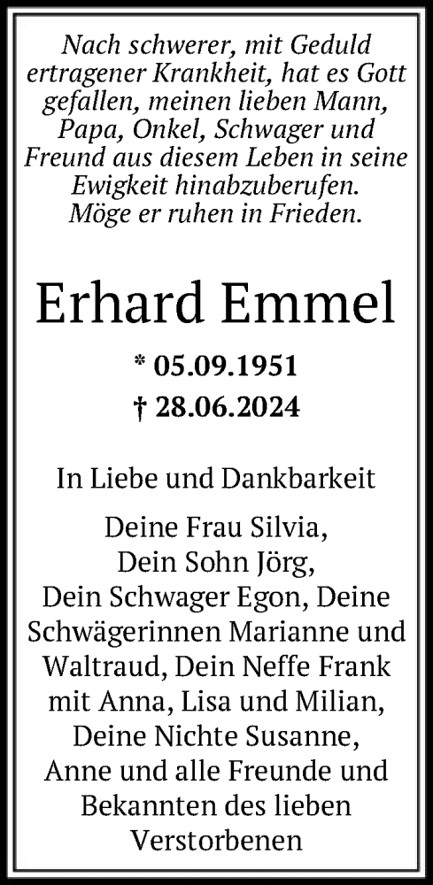 Traueranzeige von Erhard Emmel von FNP