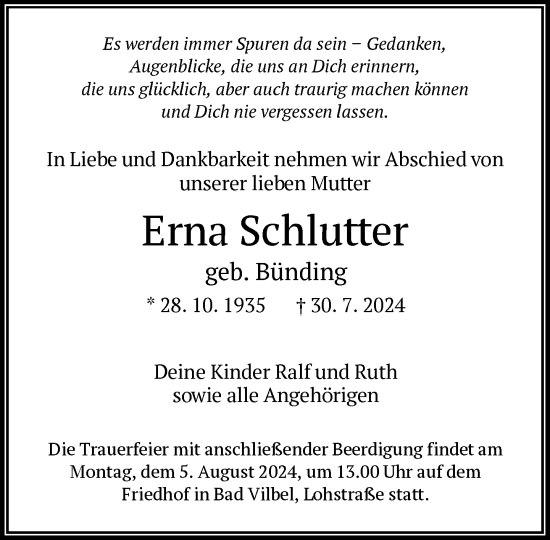 Traueranzeige von Erna Schlutter von FNP