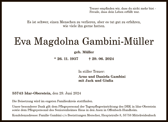 Traueranzeige von Eva Magdolna Gambini-Müller von FNP