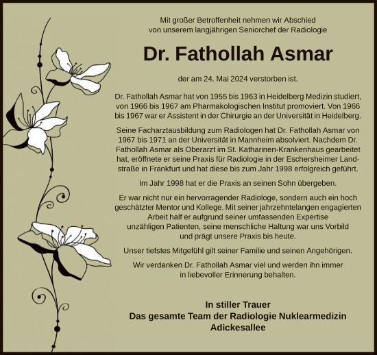 Traueranzeige von Fathollah Asmar von FNP