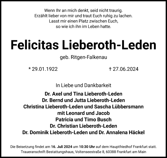 Traueranzeige von Felicitas Lieberoth-Leden von FNP