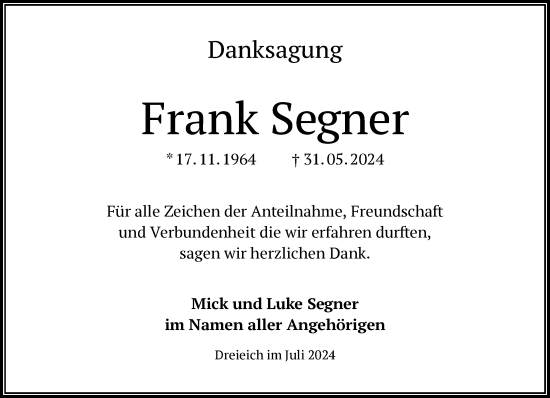 Traueranzeige von Frank Segner von FNP