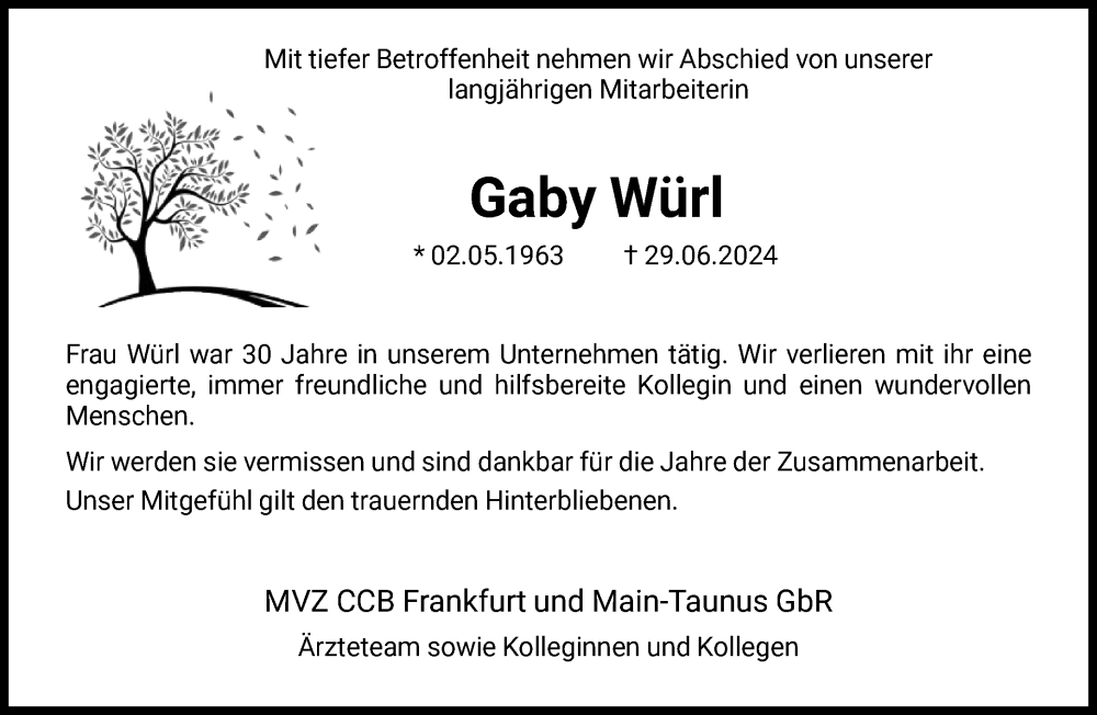  Traueranzeige für Gaby Würl vom 20.07.2024 aus FNP