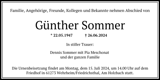 Traueranzeige von Günther Sommer von FNP