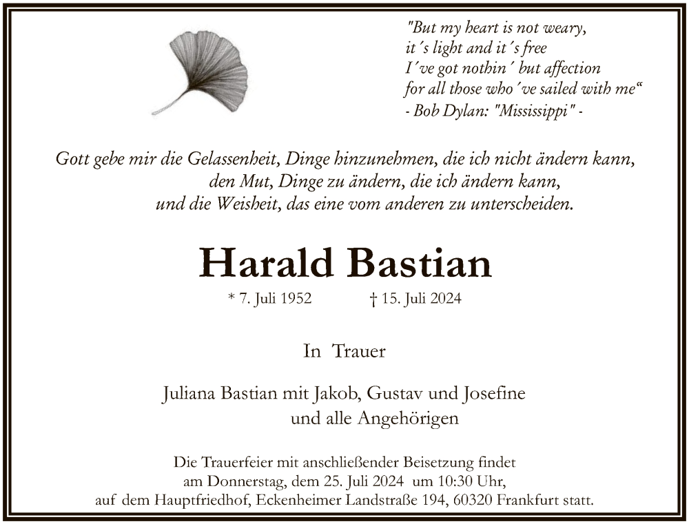  Traueranzeige für Harald Bastian vom 20.07.2024 aus FNP
