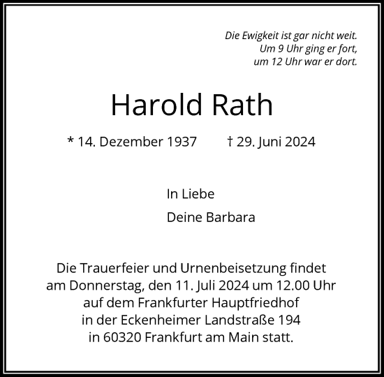 Traueranzeige von Harold Rath von FNP