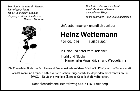 Traueranzeige von Heinz Wettemann von FNP
