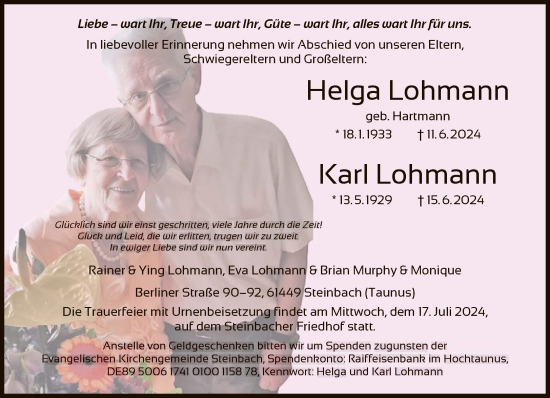 Traueranzeige von Helga Lohmann von FNP