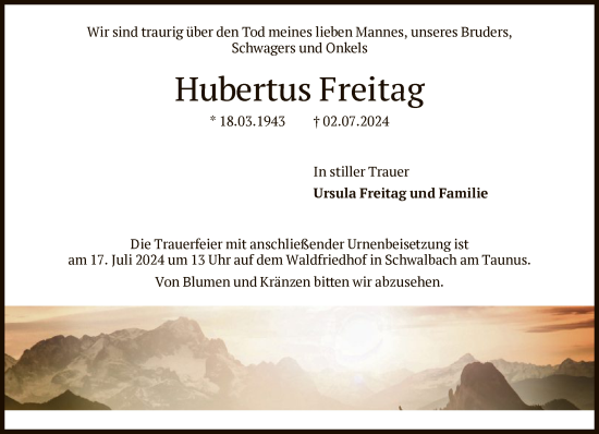 Traueranzeige von Hubertus Freitag von FNP