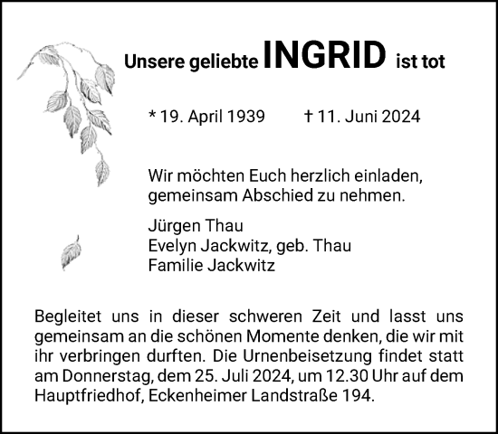 Traueranzeige von Ingrid Thau von FNP