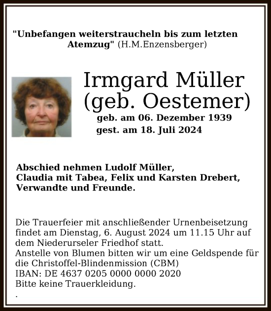 Traueranzeige von Irmgard Müller von FNP