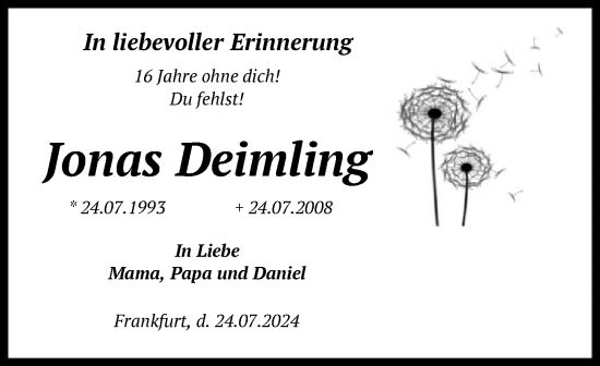 Traueranzeige von Jonas Deimling von FNP