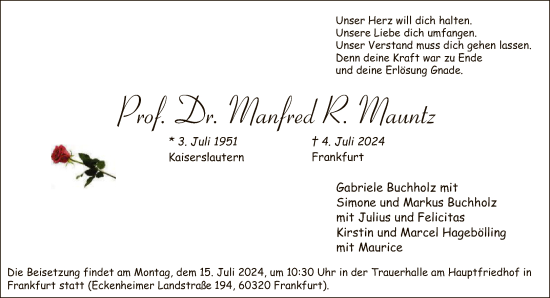 Traueranzeige von Manfred Mauntz von FNP