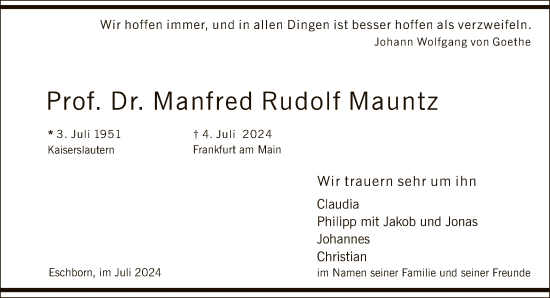 Traueranzeige von Manfred Mauntz von FNP