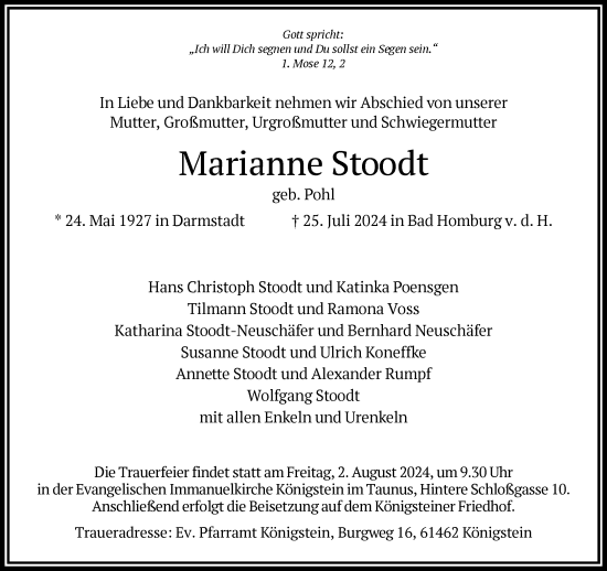 Traueranzeige von Marianne Stoodt von FNP