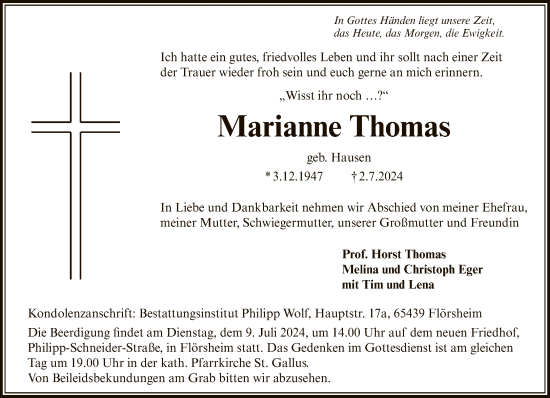 Traueranzeige von Marianne Thomas von FNP