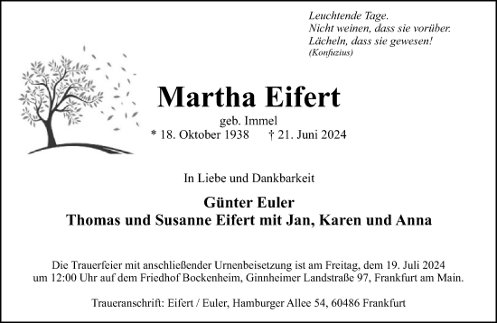 Traueranzeige von Martha Eifert von FNP