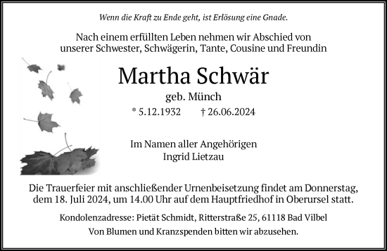 Traueranzeige von Martha Schwär von FNP