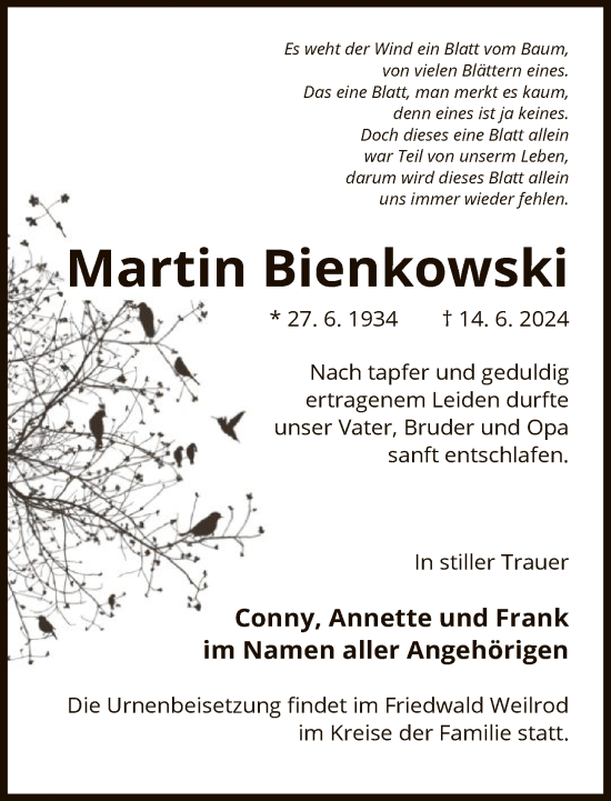 Traueranzeige von Martin Bienkowski von FNP