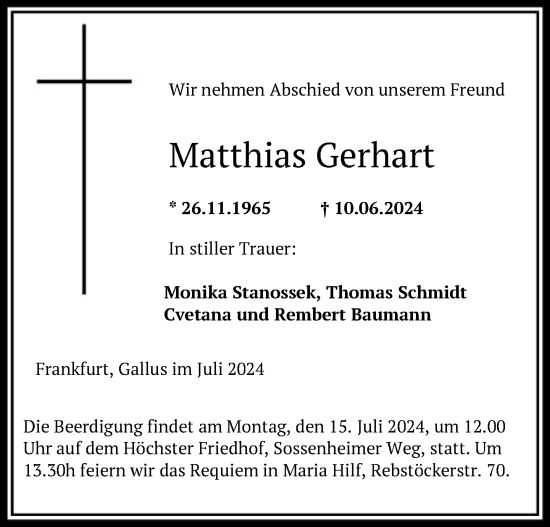 Traueranzeige von Matthias Gerhart von FNP