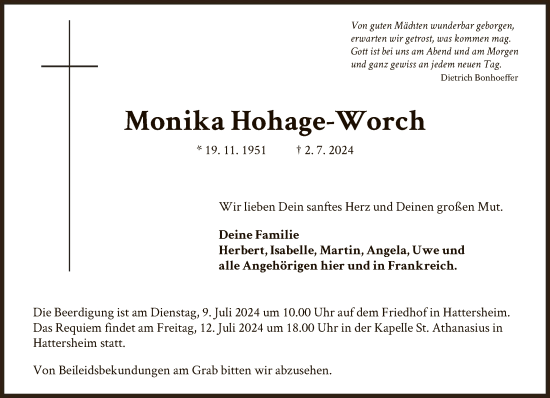 Traueranzeige von Monika Hohage-Worch von FNP