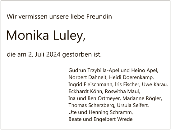 Traueranzeige von Monika Luley von FNP
