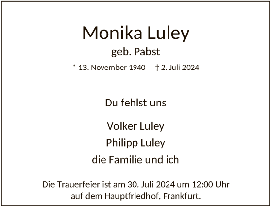 Traueranzeige von Monika Luley von FNP