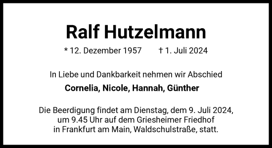 Traueranzeige von Ralf Hutzelmann von FNP