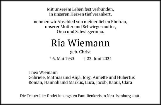 Traueranzeige von Ria Wiemann von FNP