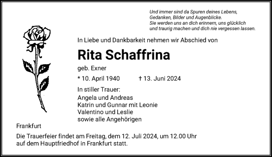 Traueranzeige von Rita Schaffrina von FNP