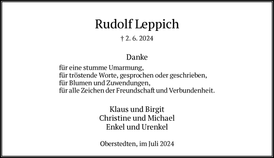 Traueranzeige von Rudolf Leppich von FNP