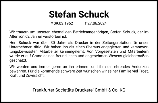 Traueranzeige von Stefan Schuck von FNP