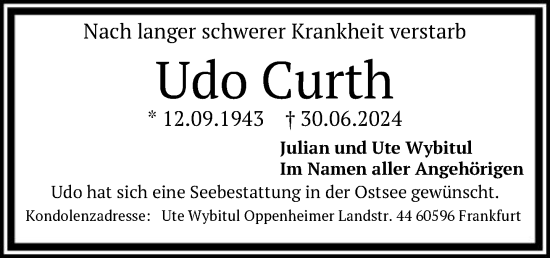 Traueranzeige von Udo Curth von FNP