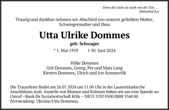 Traueranzeige von Utta Ulrike Dommes von FNP