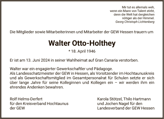 Traueranzeige von Walter Otto-Holthey von FNP